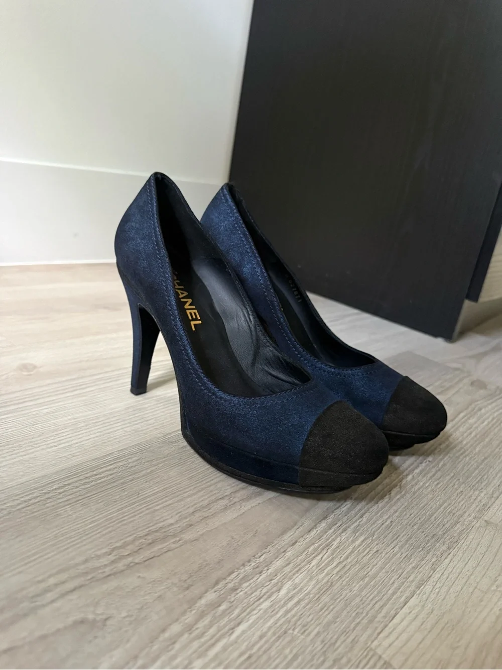 CHANEL Navy Suede Pumps with Black Cap Toe